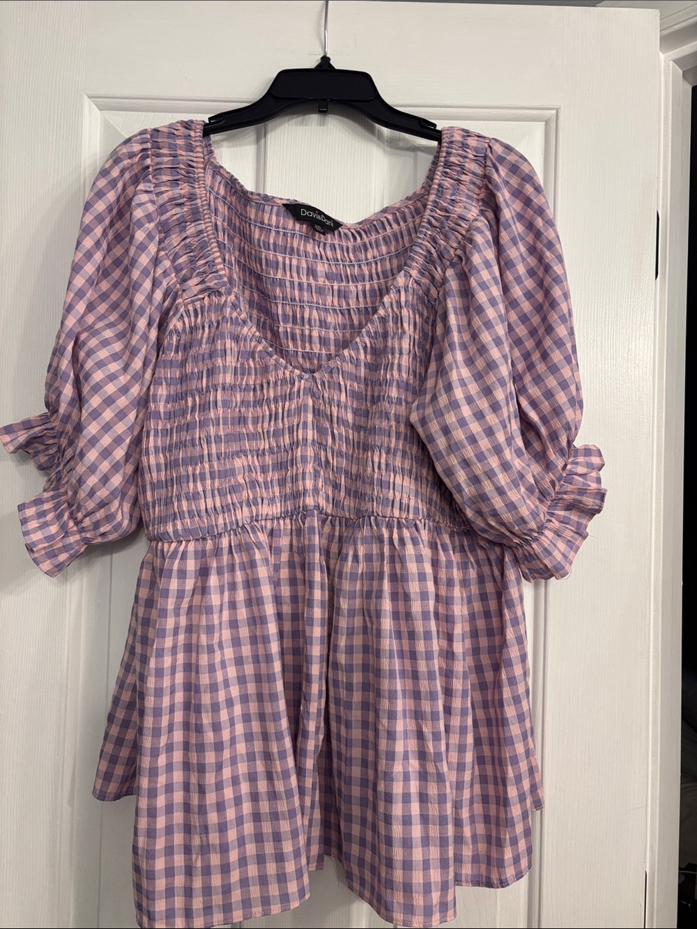 DAVI & DANI Lavender and Pink Gingham Smocked Peasant Top